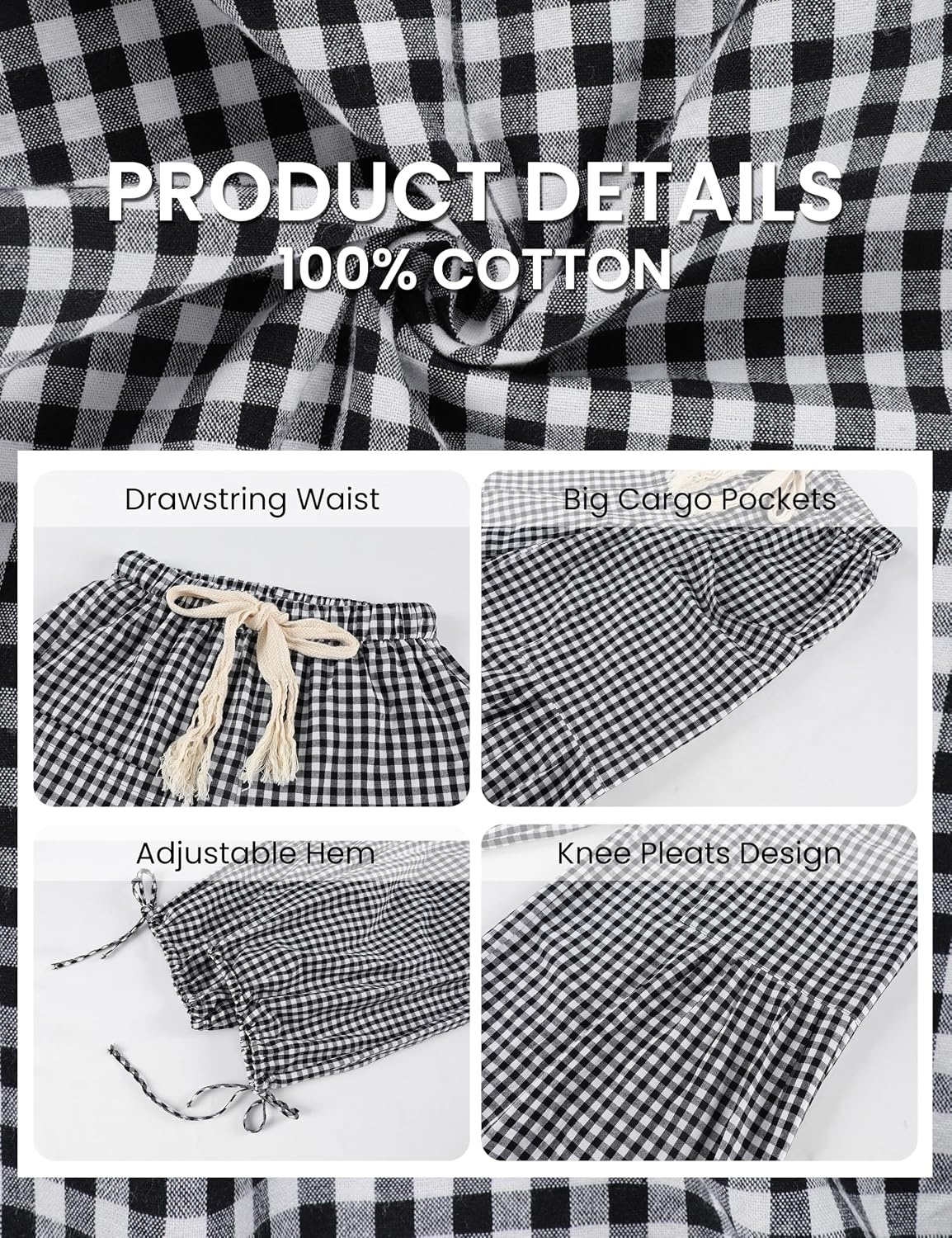 image:imageSpringrain Womens Gingham Boho Pants Baggy Wide Leg TrousersBlack