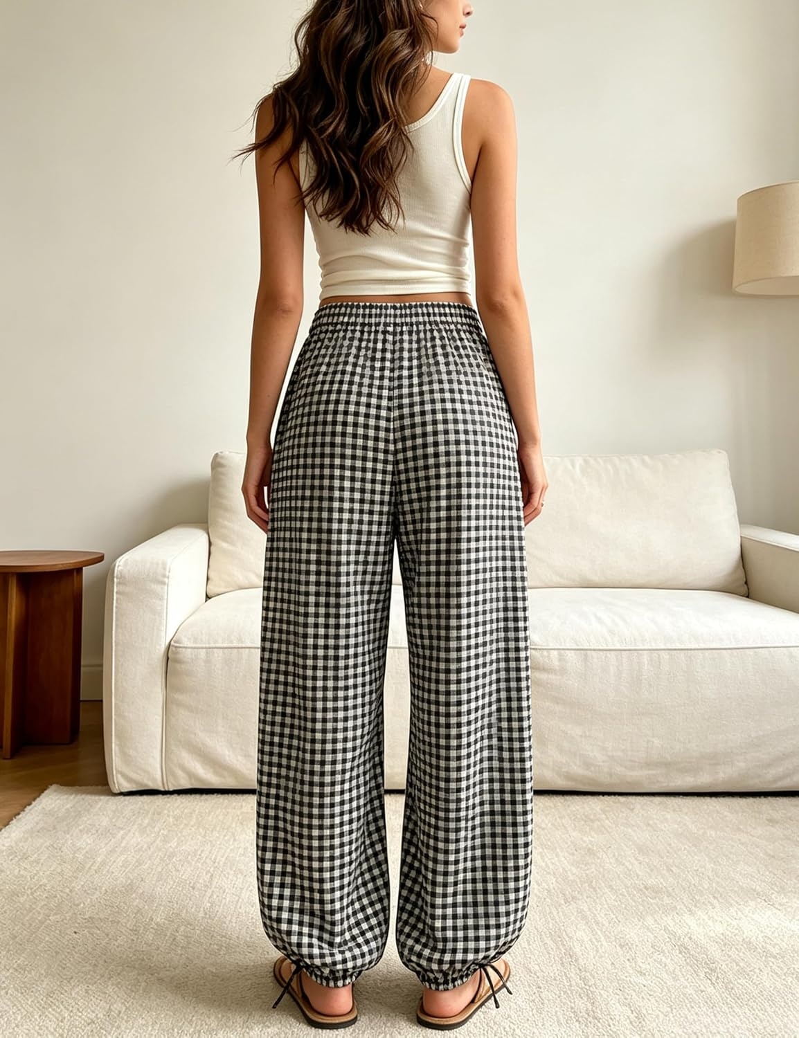 image:imageSpringrain Womens Gingham Boho Pants Baggy Wide Leg TrousersBlack