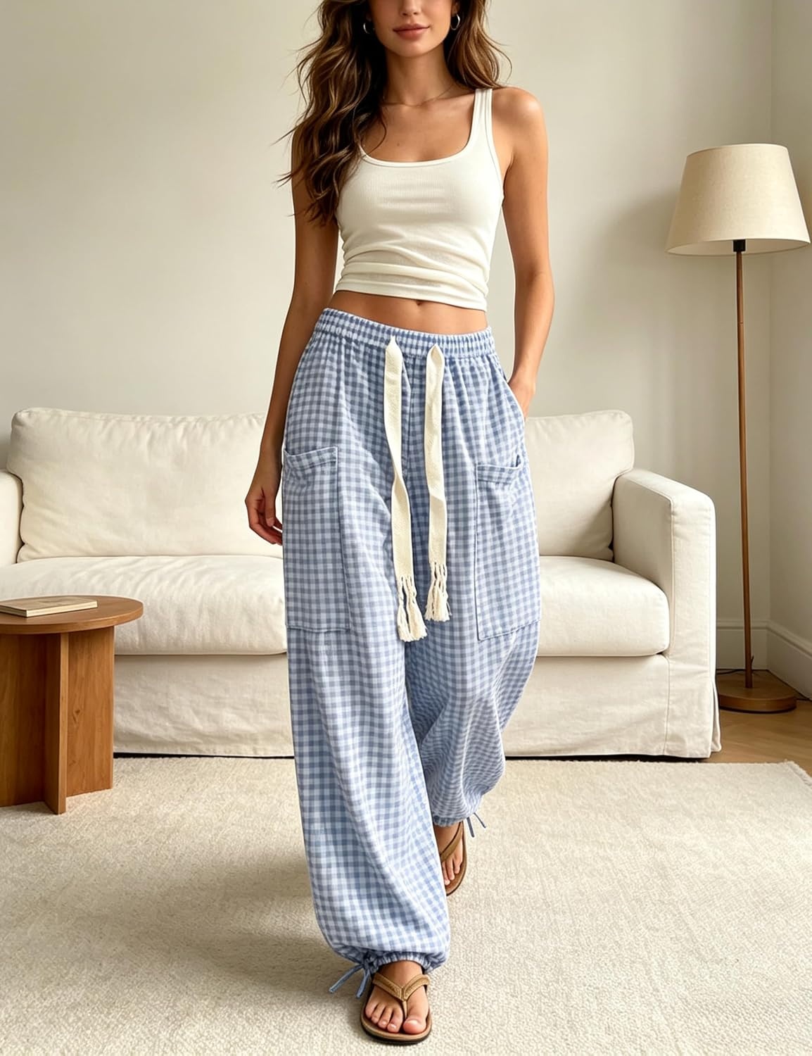 image:imageSpringrain Womens Gingham Boho Pants Baggy Wide Leg TrousersBlue