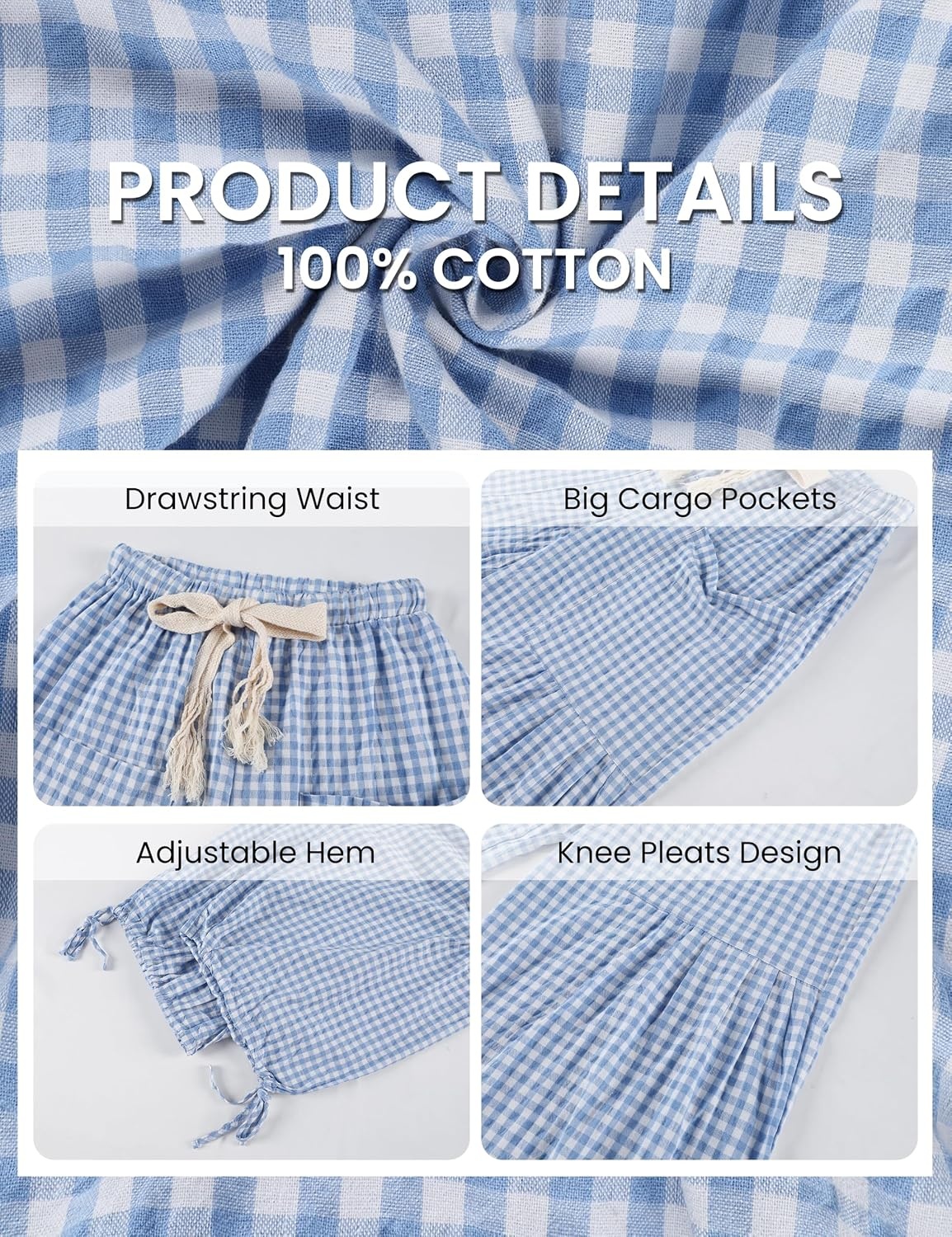 image:imageSpringrain Womens Gingham Boho Pants Baggy Wide Leg TrousersBlue