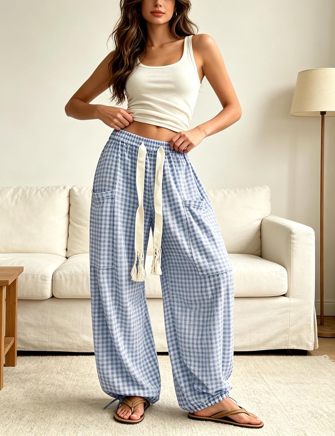 image:imageSpringrain Womens Gingham Boho Pants Baggy Wide Leg TrousersBlue