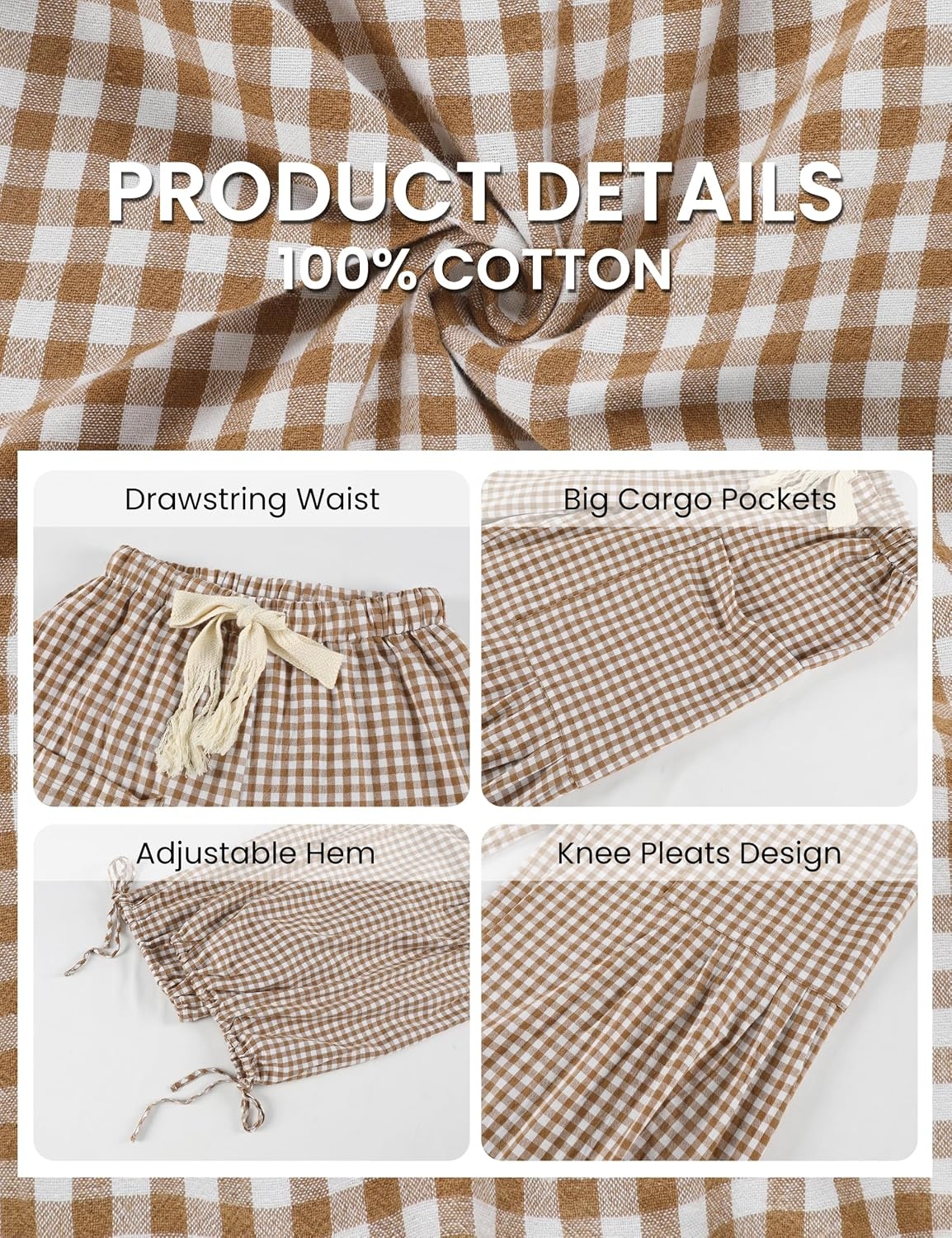 image:imageSpringrain Womens Gingham Boho Pants Baggy Wide Leg TrousersBrown