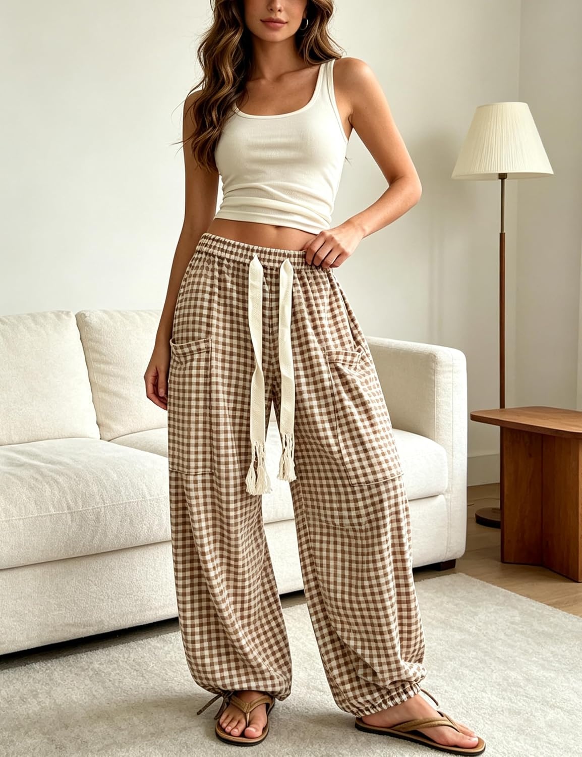 image:imageSpringrain Womens Gingham Boho Pants Baggy Wide Leg TrousersBrown