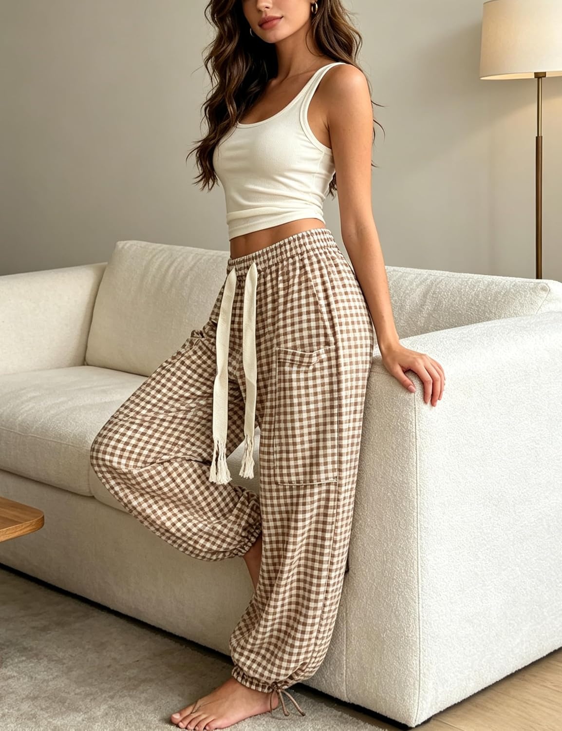 image:imageSpringrain Womens Gingham Boho Pants Baggy Wide Leg TrousersBrown