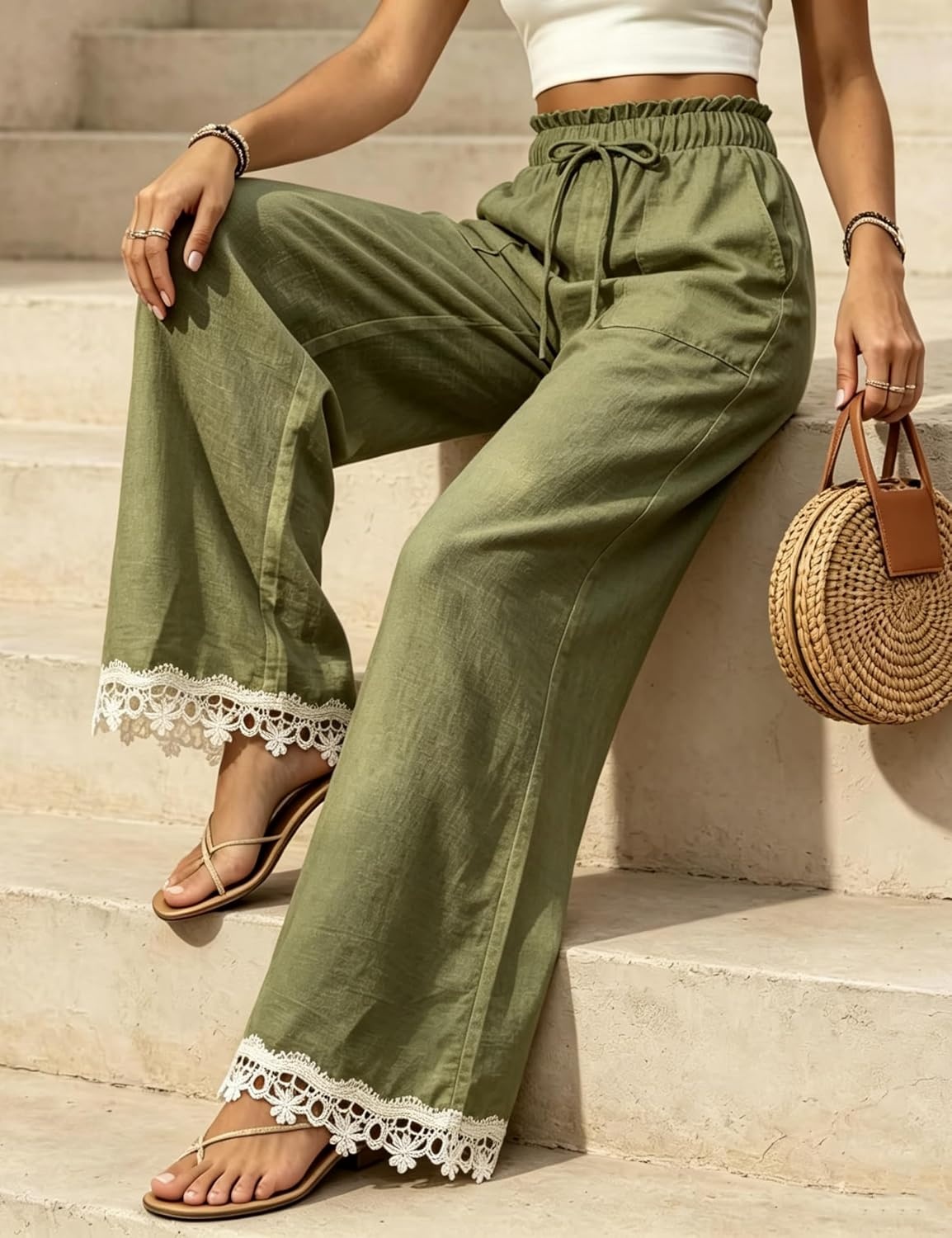 image:imageSpringrain Womens Linen Wide Leg High Waist Lace Trim PantsGreen