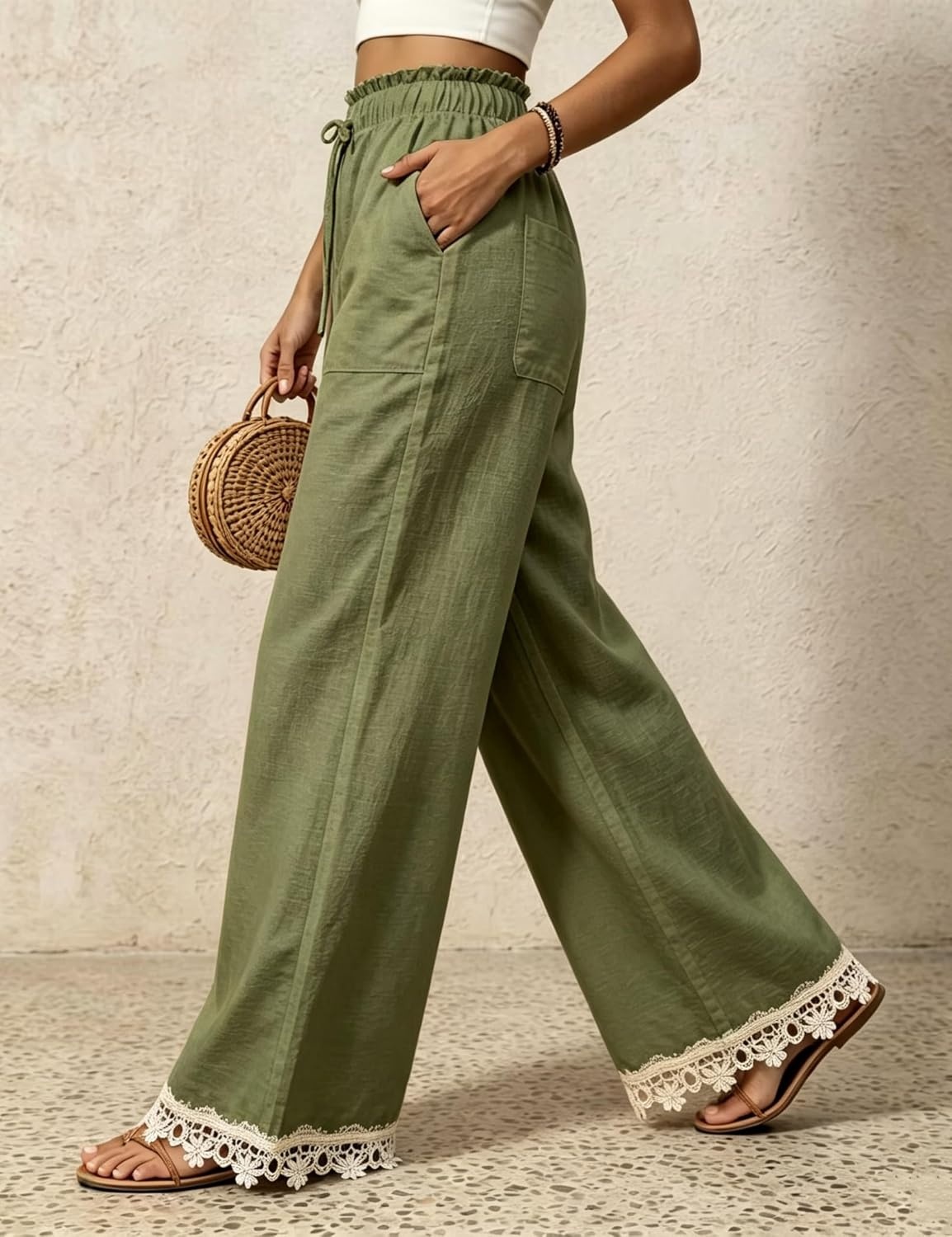 image:imageSpringrain Womens Linen Wide Leg High Waist Lace Trim PantsGreen