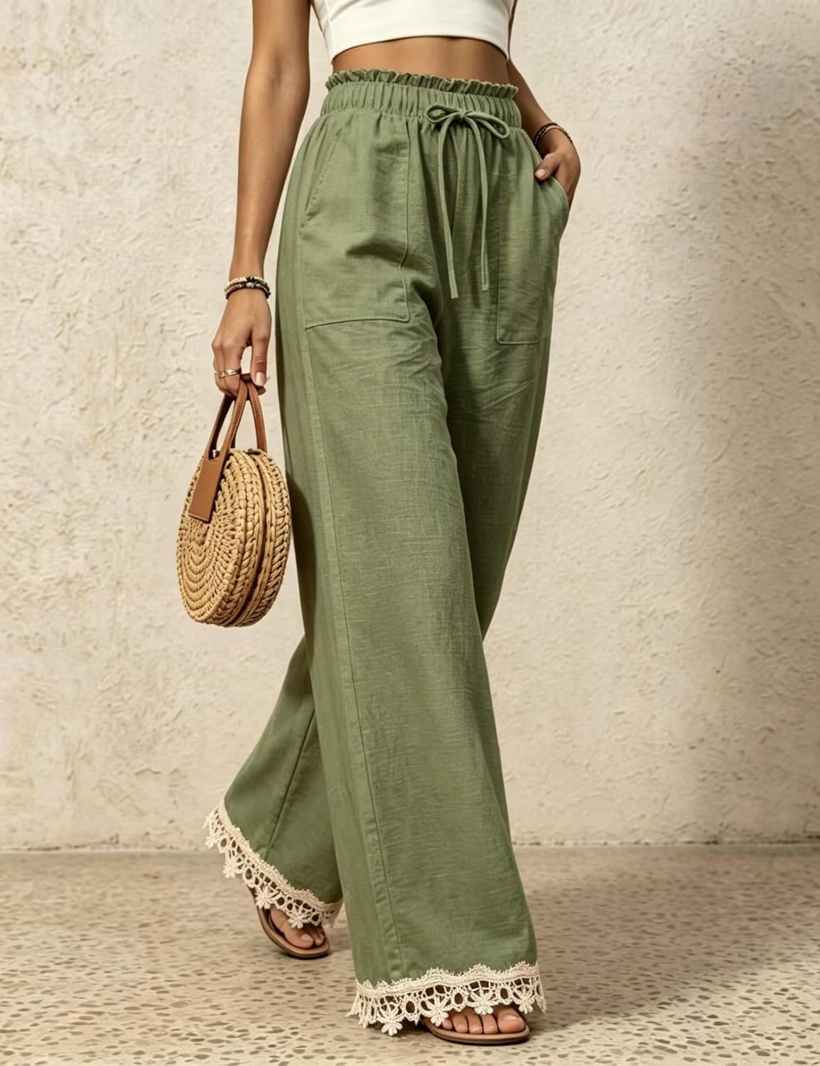 image:imageSpringrain Womens Linen Wide Leg High Waist Lace Trim PantsGreen
