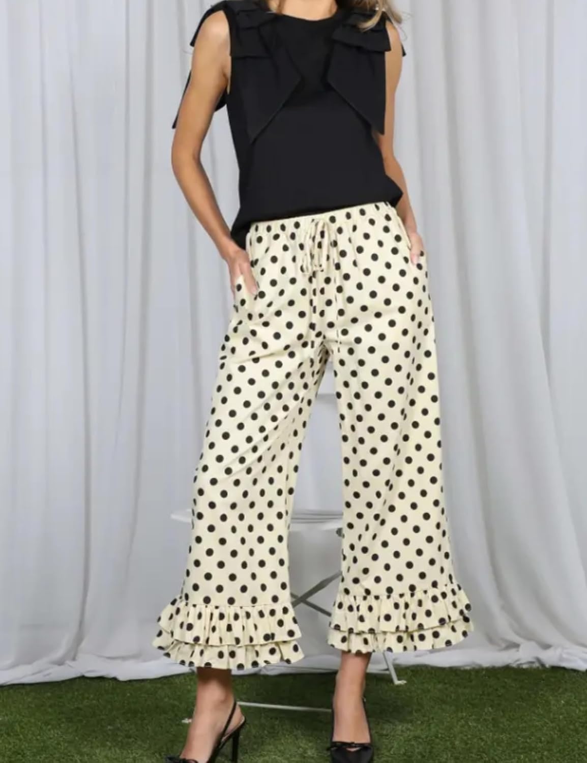 image:imageSpringrain Womens Polka Dot Ruffle Hem Wide Leg Cropped PantsBeige