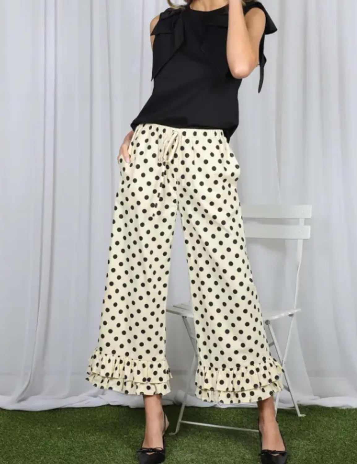 image:imageSpringrain Womens Polka Dot Ruffle Hem Wide Leg Cropped PantsBeige