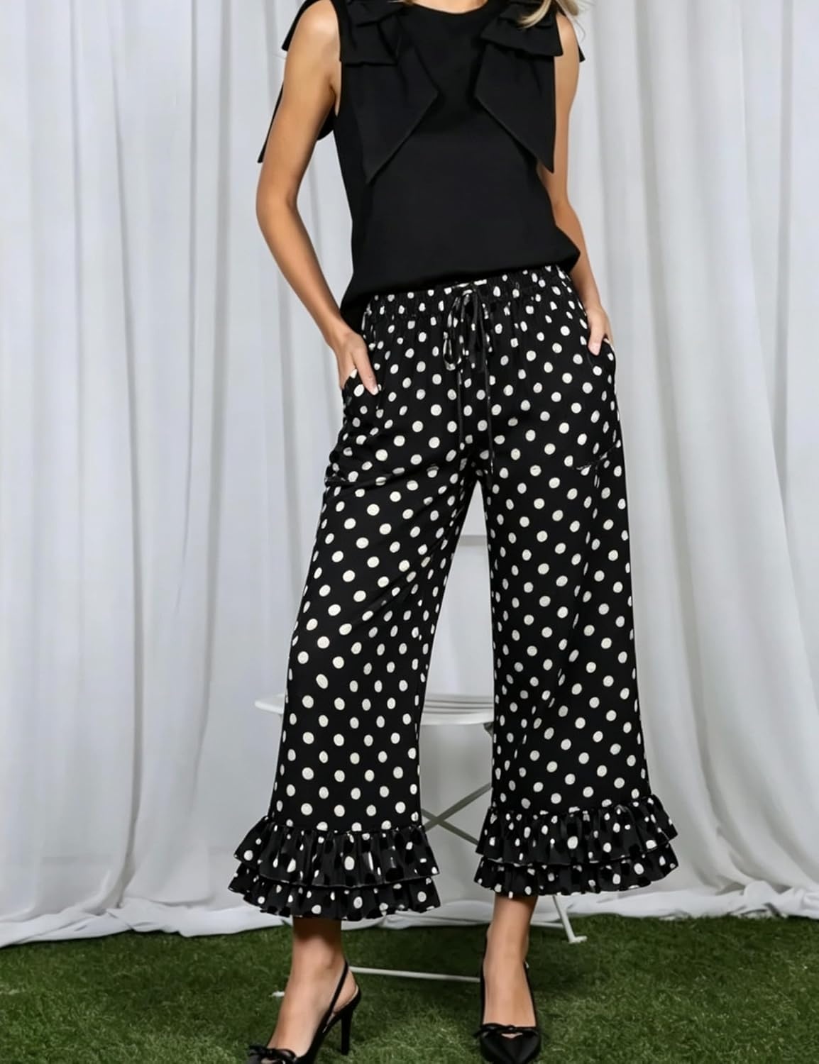 image:imageSpringrain Womens Polka Dot Ruffle Hem Wide Leg Cropped PantsBlack