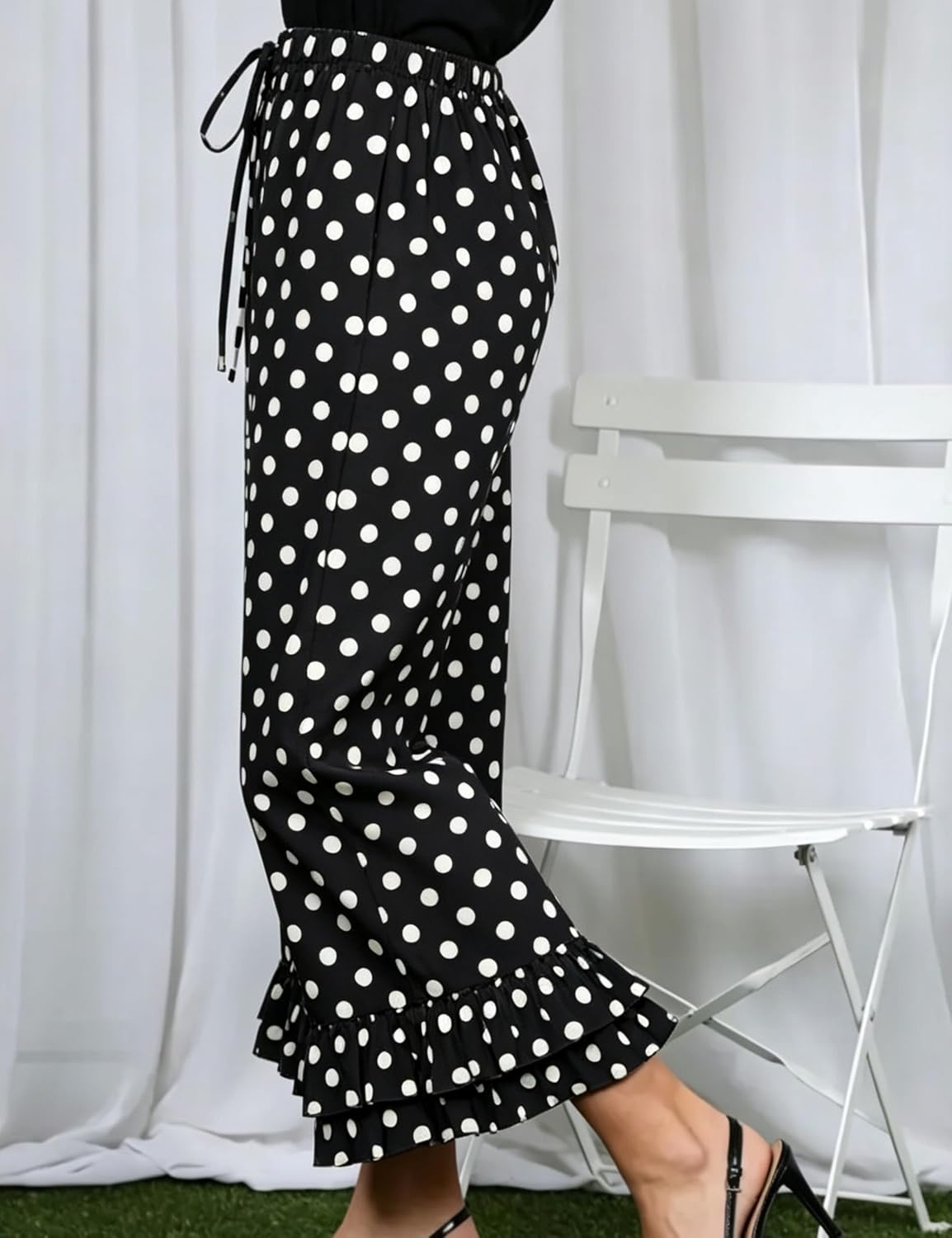 image:imageSpringrain Womens Polka Dot Ruffle Hem Wide Leg Cropped PantsBlack