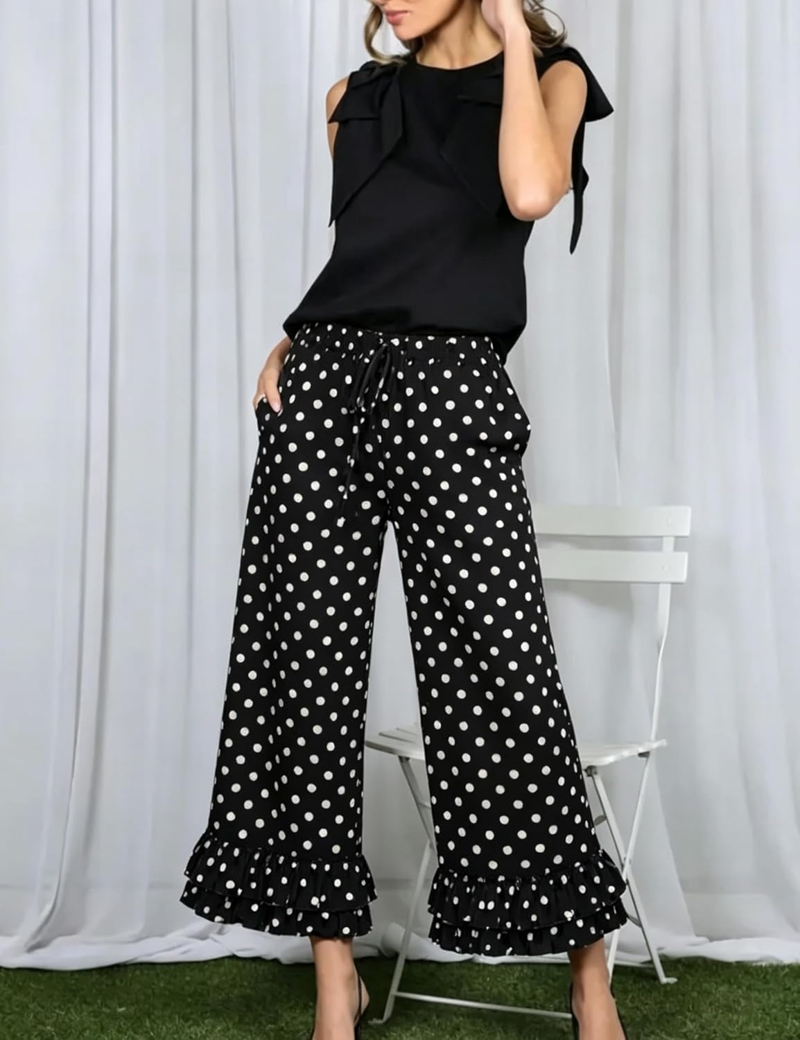 image:imageSpringrain Womens Polka Dot Ruffle Hem Wide Leg Cropped PantsBlack