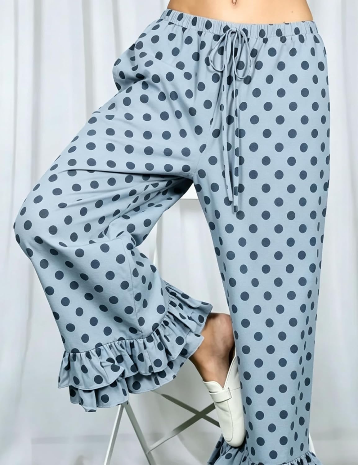 image:imageSpringrain Womens Polka Dot Ruffle Hem Wide Leg Cropped PantsBlue