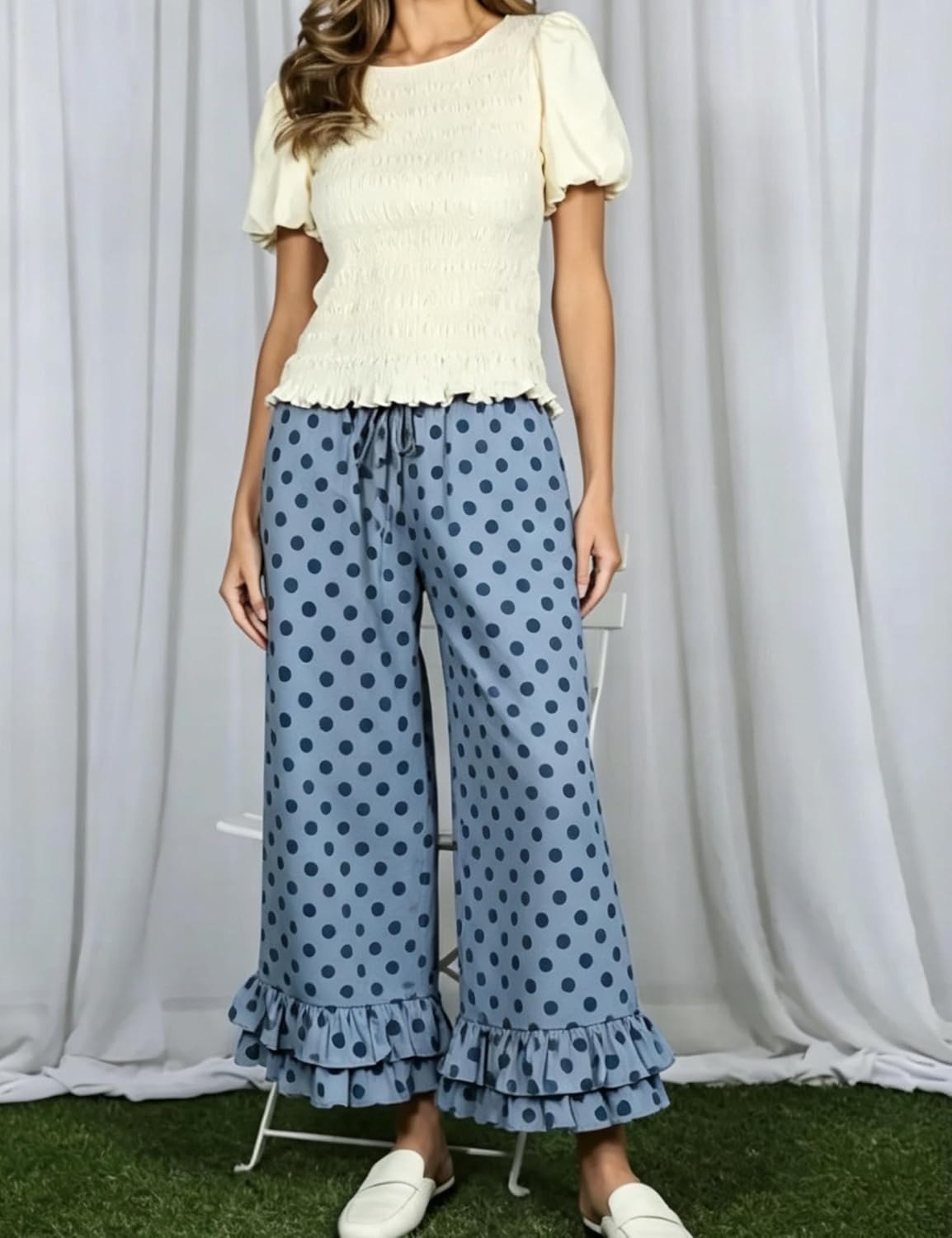 image:imageSpringrain Womens Polka Dot Ruffle Hem Wide Leg Cropped PantsBlue