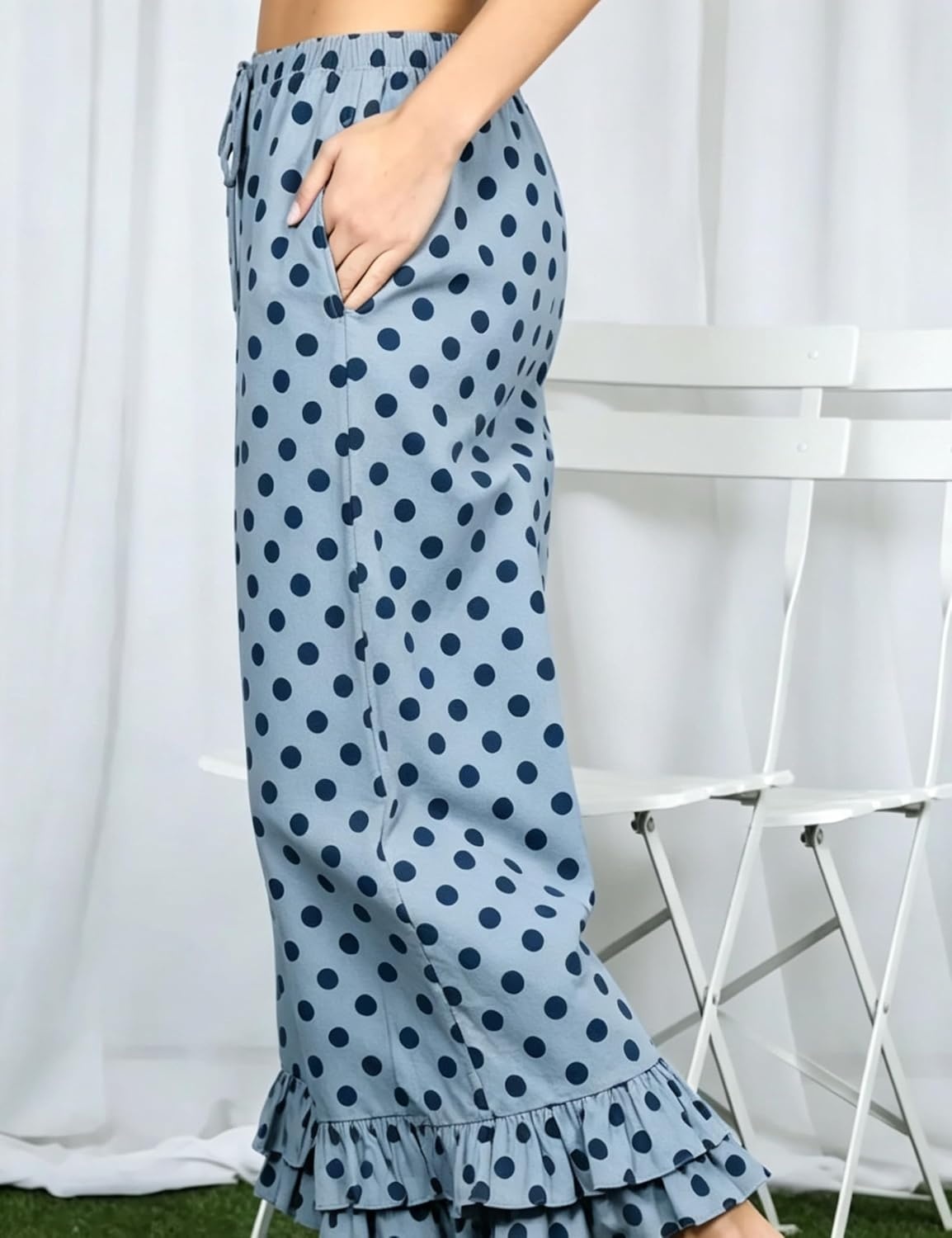 image:imageSpringrain Womens Polka Dot Ruffle Hem Wide Leg Cropped PantsBlue