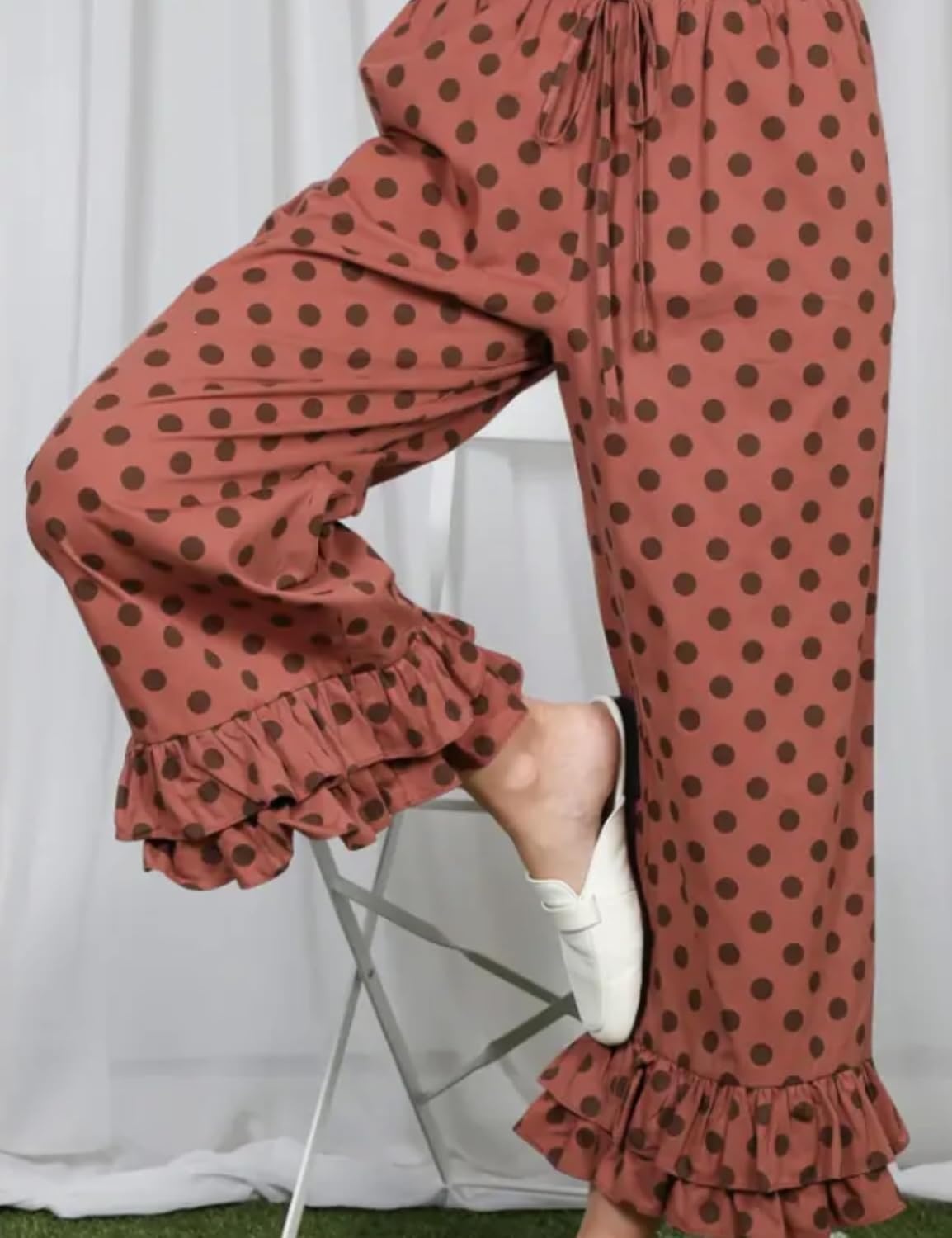image:imageSpringrain Womens Polka Dot Ruffle Hem Wide Leg Cropped PantsBrown