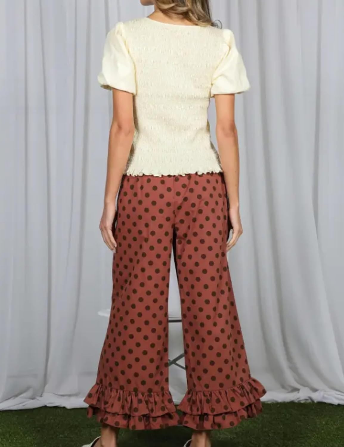 image:imageSpringrain Womens Polka Dot Ruffle Hem Wide Leg Cropped PantsBrown