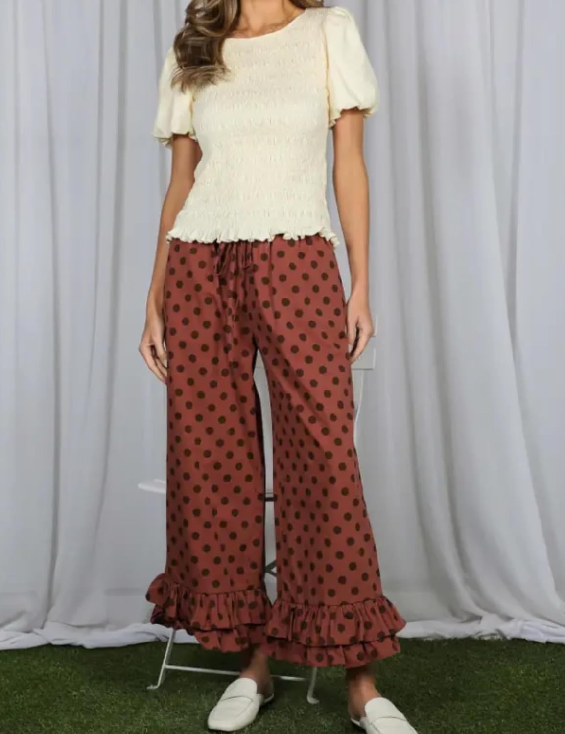 image:imageSpringrain Womens Polka Dot Ruffle Hem Wide Leg Cropped PantsBrown