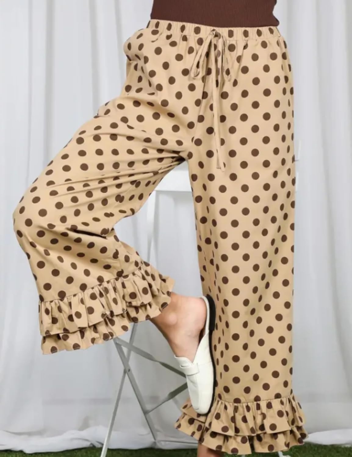 image:imageSpringrain Womens Polka Dot Ruffle Hem Wide Leg Cropped PantsKhaki