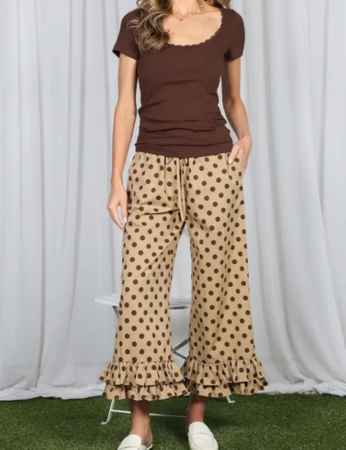 image:imageSpringrain Womens Polka Dot Ruffle Hem Wide Leg Cropped PantsKhaki