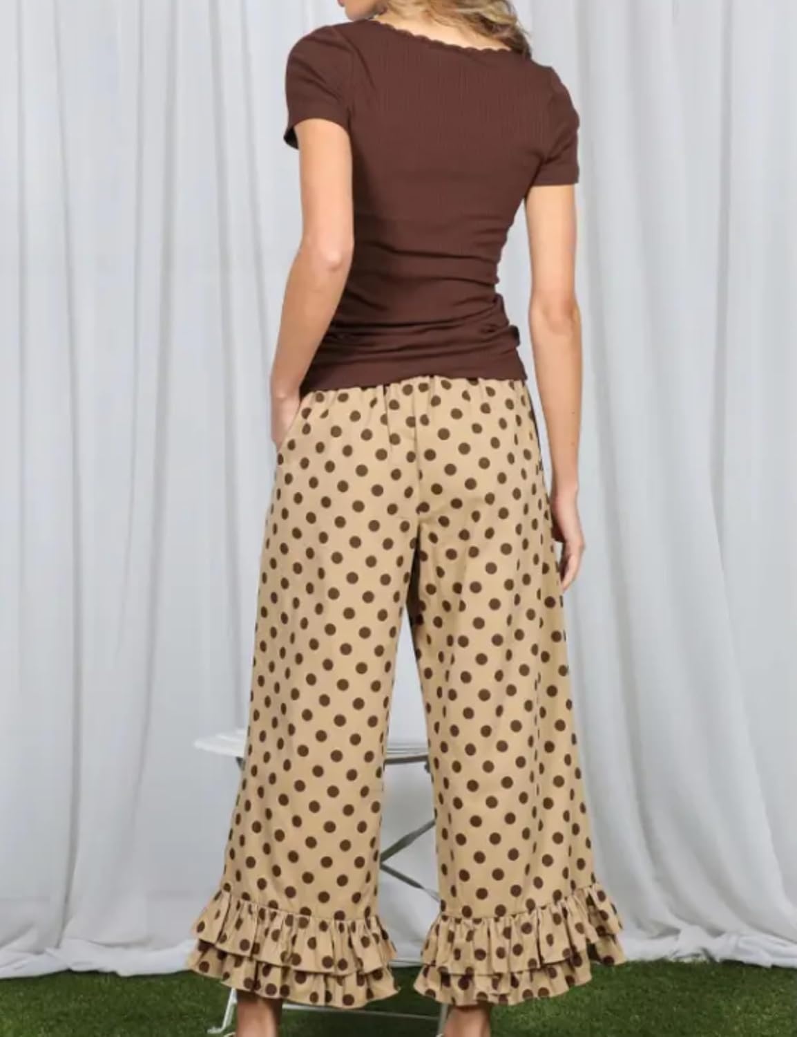 image:imageSpringrain Womens Polka Dot Ruffle Hem Wide Leg Cropped PantsKhaki