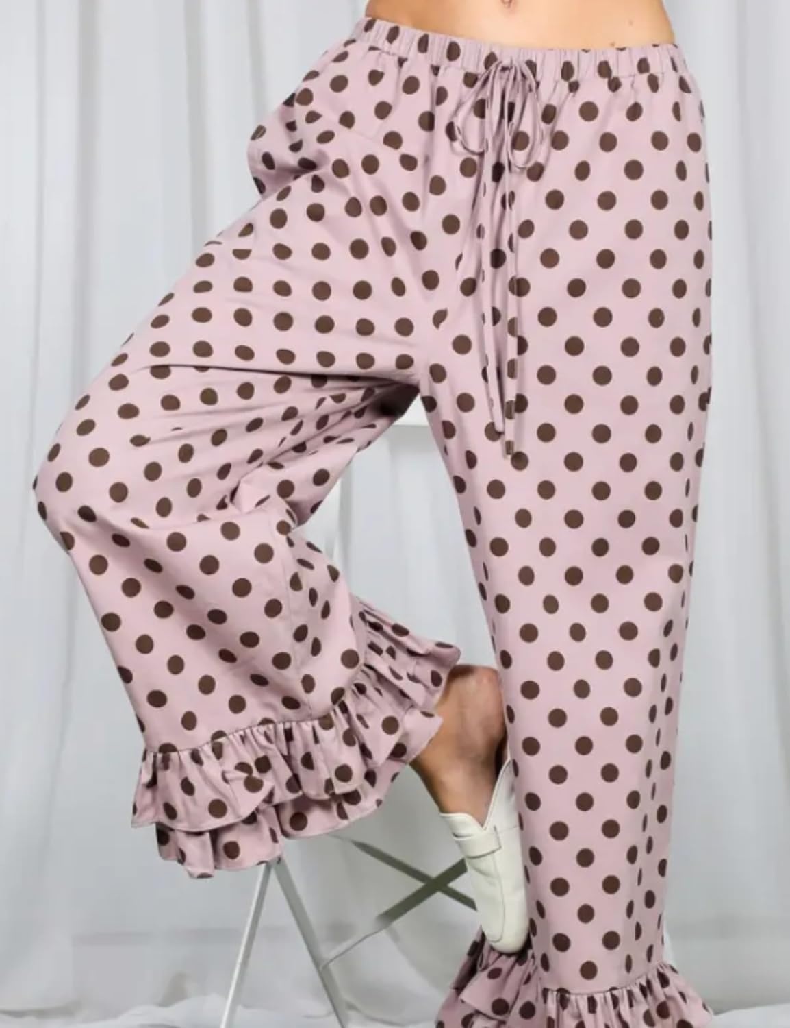 image:imageSpringrain Womens Polka Dot Ruffle Hem Wide Leg Cropped PantsPink