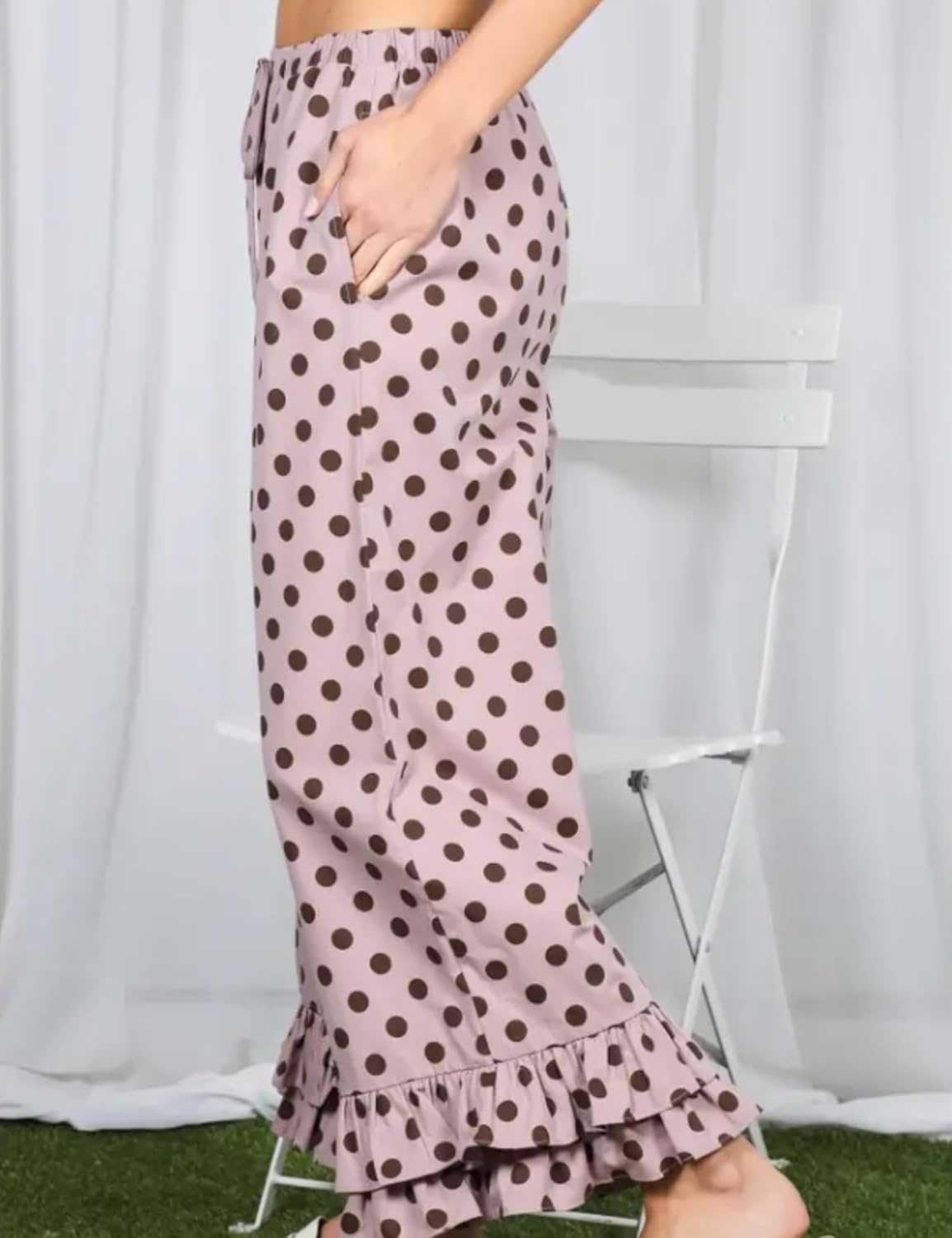 image:imageSpringrain Womens Polka Dot Ruffle Hem Wide Leg Cropped PantsPink