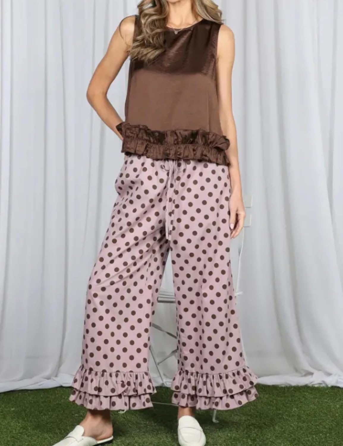 image:imageSpringrain Womens Polka Dot Ruffle Hem Wide Leg Cropped PantsPink