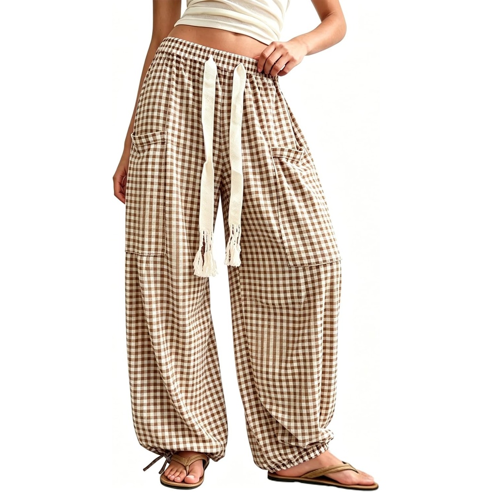 image:imageSpringrain Womens Gingham Boho Pants Baggy Wide Leg TrousersBrown
