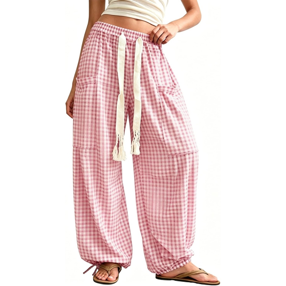 image:imageSpringrain Womens Gingham Boho Pants Baggy Wide Leg TrousersPink