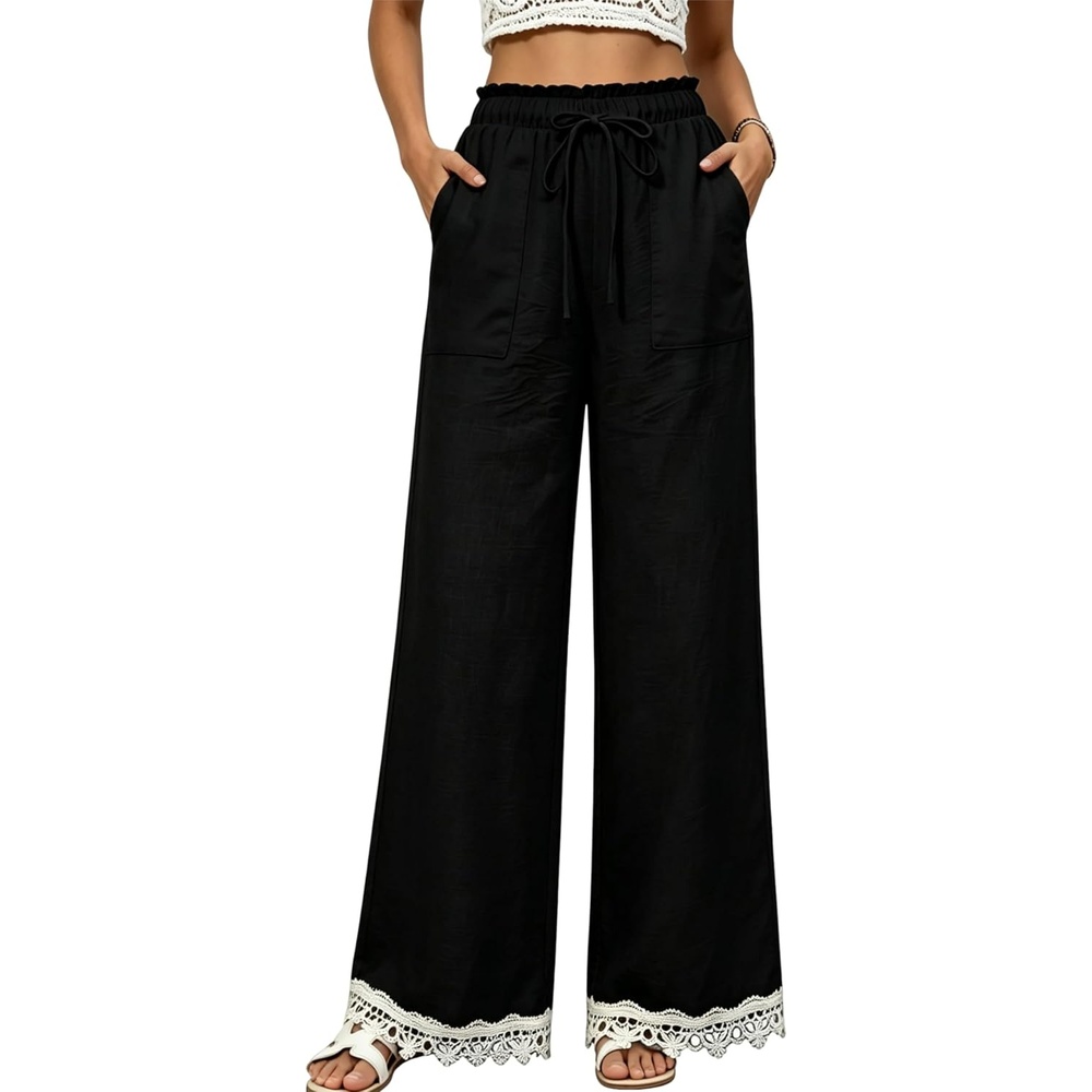 image:imageSpringrain Womens Linen Wide Leg High Waist Lace Trim PantsBlack