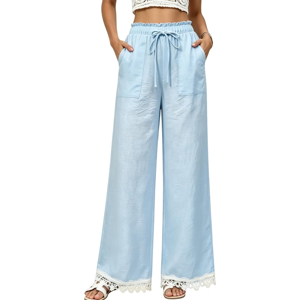image:imageSpringrain Womens Linen Wide Leg High Waist Lace Trim PantsBlue