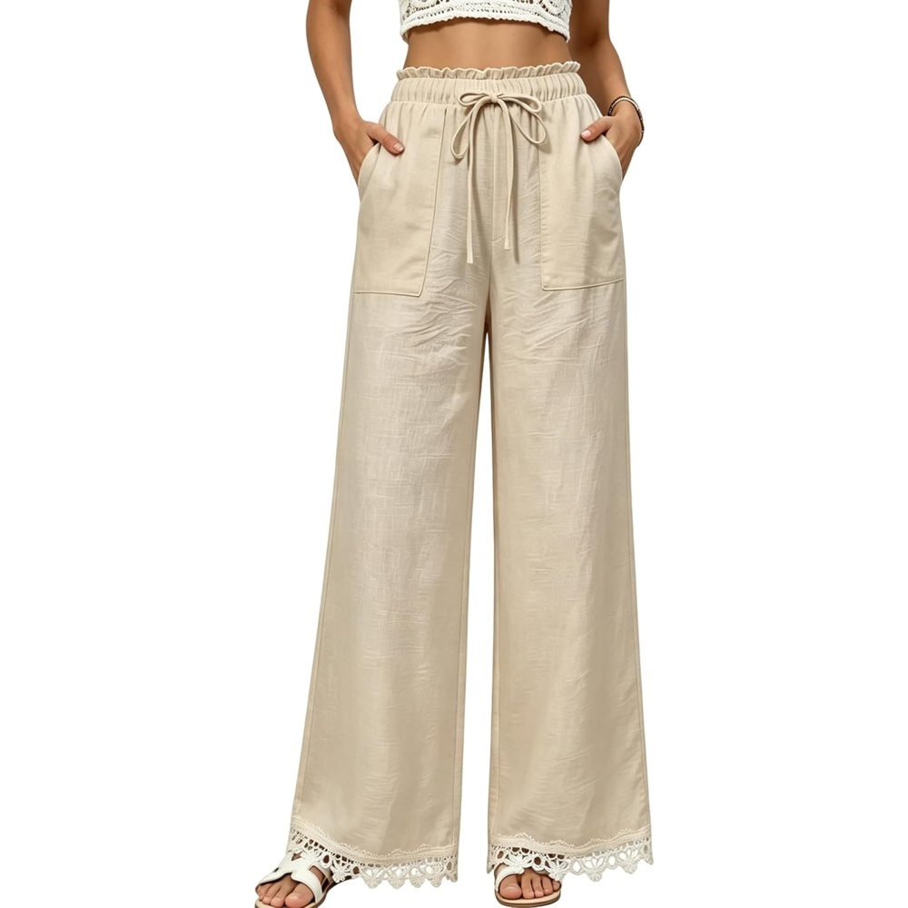 image:imageSpringrain Womens Linen Wide Leg High Waist Lace Trim PantsKhaki