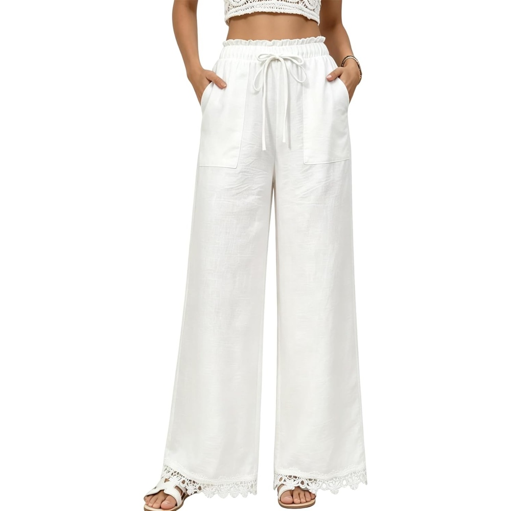 image:imageSpringrain Womens Linen Wide Leg High Waist Lace Trim PantsWhite