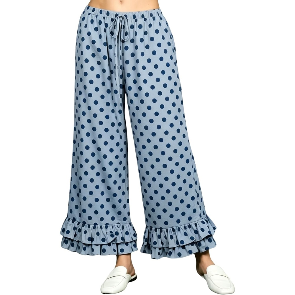 image:imageSpringrain Womens Polka Dot Ruffle Hem Wide Leg Cropped PantsBlue