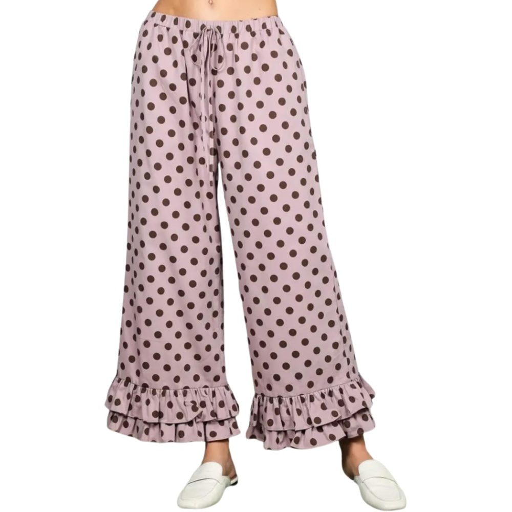 image:imageSpringrain Womens Polka Dot Ruffle Hem Wide Leg Cropped PantsPink