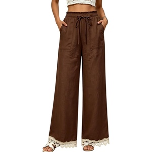 Springrain Women’s Linen Wide Leg High Waist Lace Trim Pants(Brown)