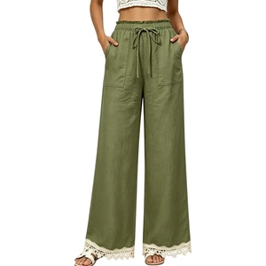 Springrain Women’s Linen Wide Leg High Waist Lace Trim Pants(Green)