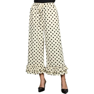 Springrain Women’s Polka Dot Ruffle Hem Wide Leg Cropped Pants(Beige)