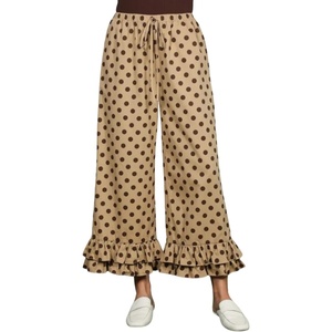 Springrain Women’s Polka Dot Ruffle Hem Wide Leg Cropped Pants(Khaki)