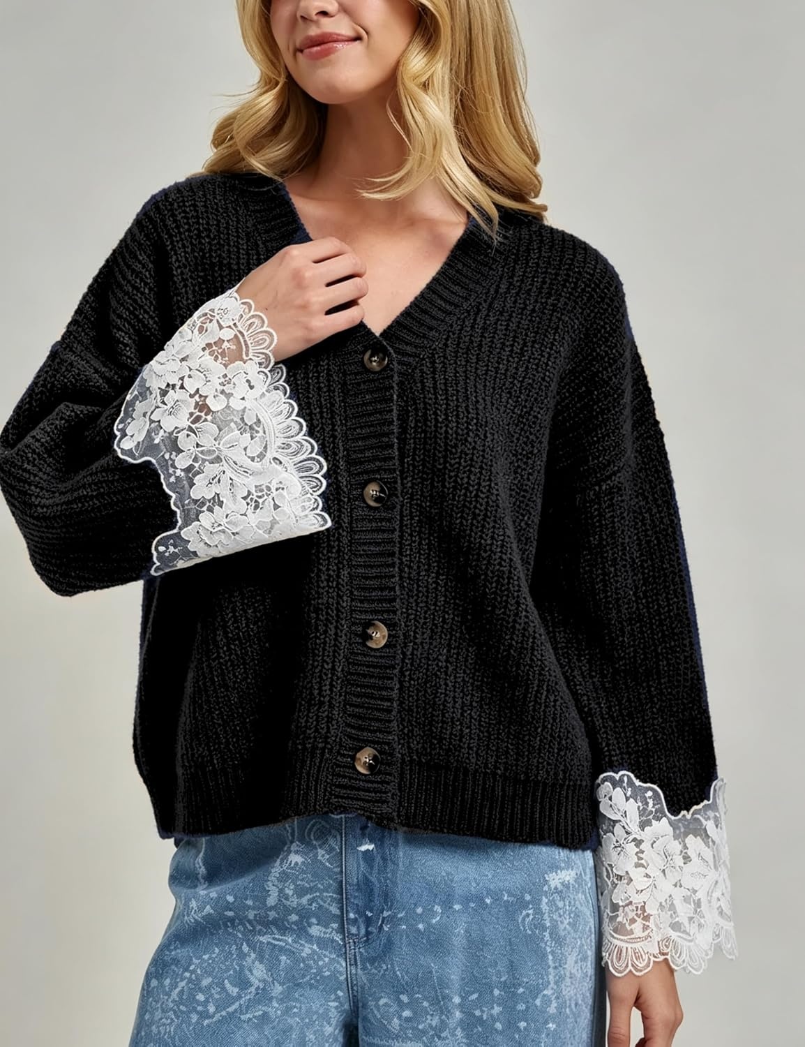 image:imageSpringrain Womens Fall V Neck Sweater Cardigan Lace SleeveBlack