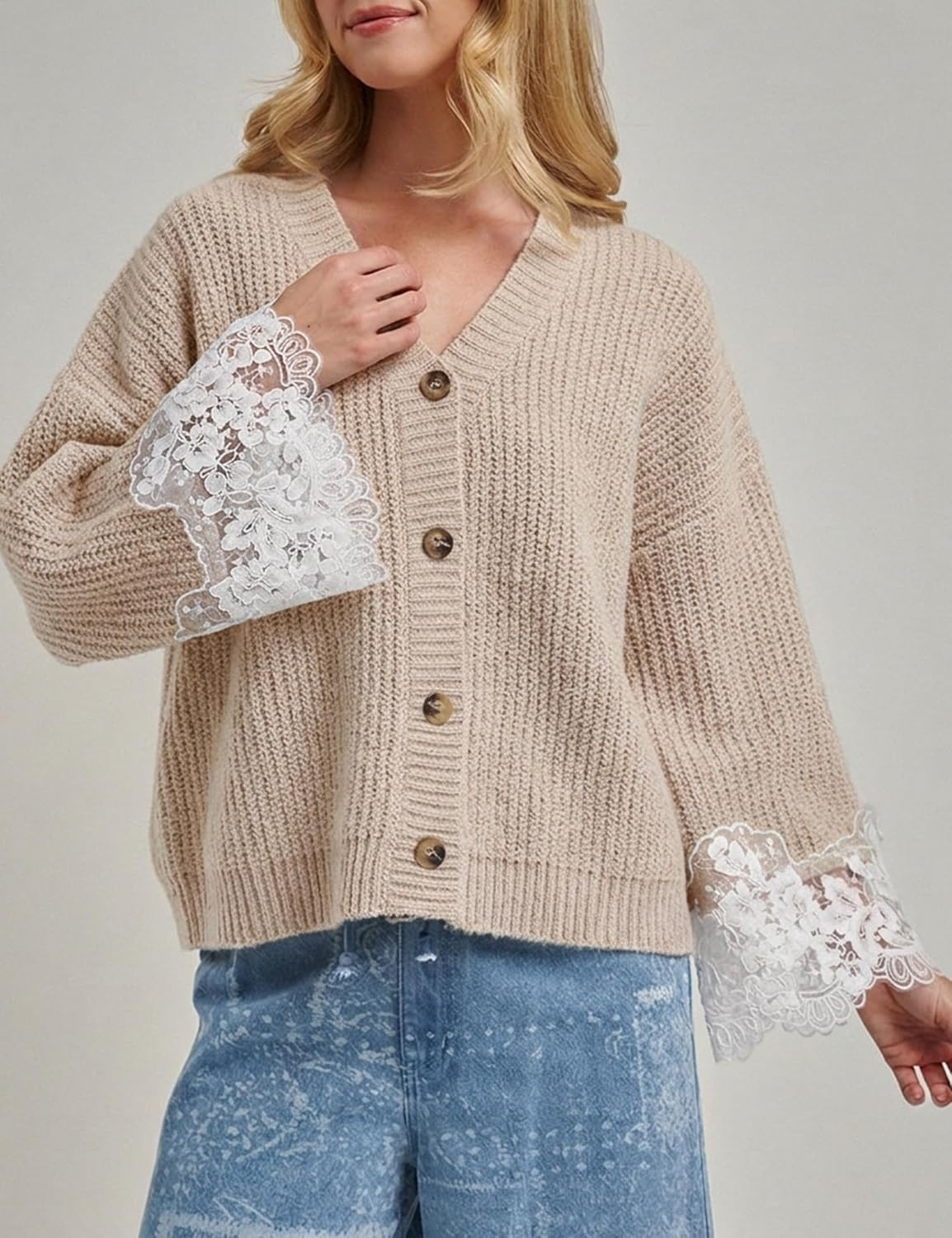image:imageSpringrain Womens Fall V Neck Sweater Cardigan Lace SleeveKhaki