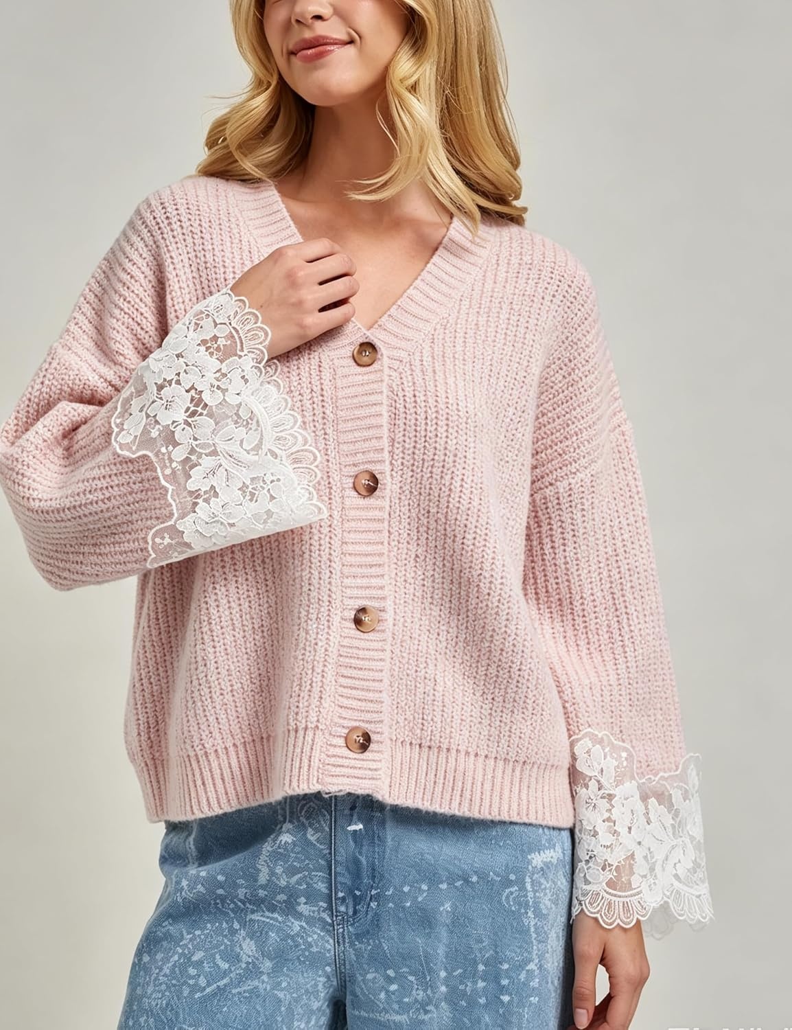 image:imageSpringrain Womens Fall V Neck Sweater Cardigan Lace SleevePink