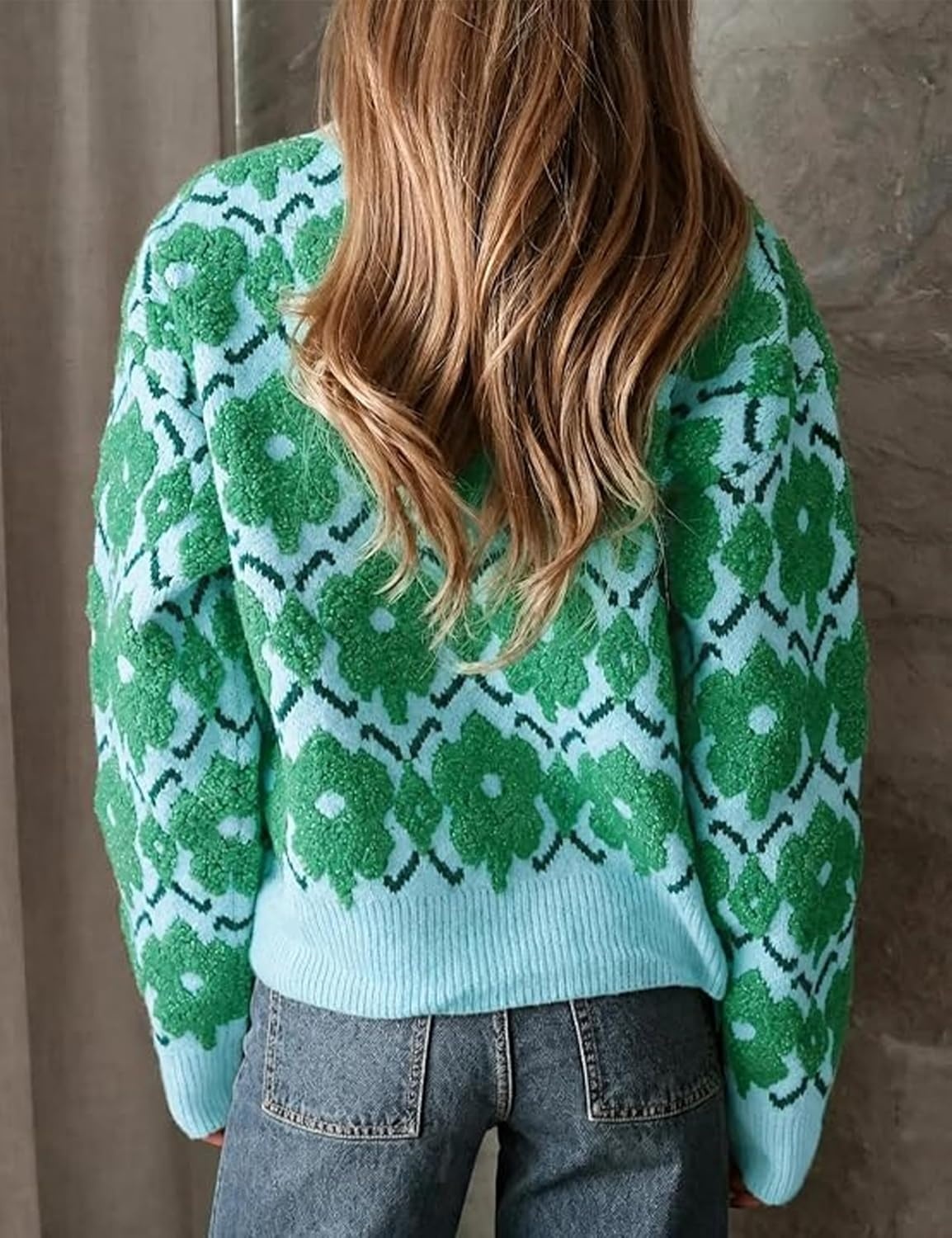 image:imageSpringrain Womens Floral Crewneck Knit Cardigan Sweater FallGreen