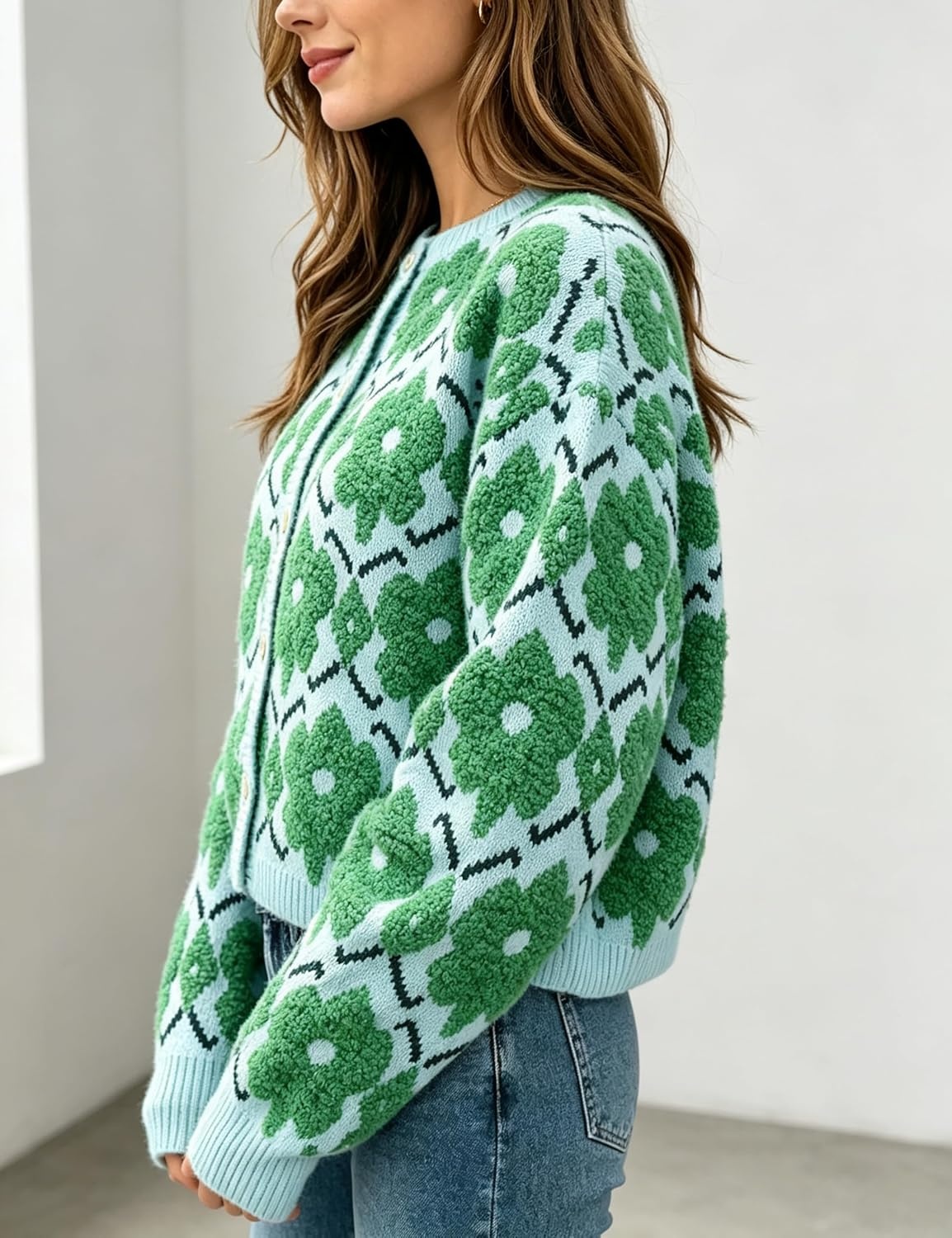 image:imageSpringrain Womens Floral Crewneck Knit Cardigan Sweater FallGreen