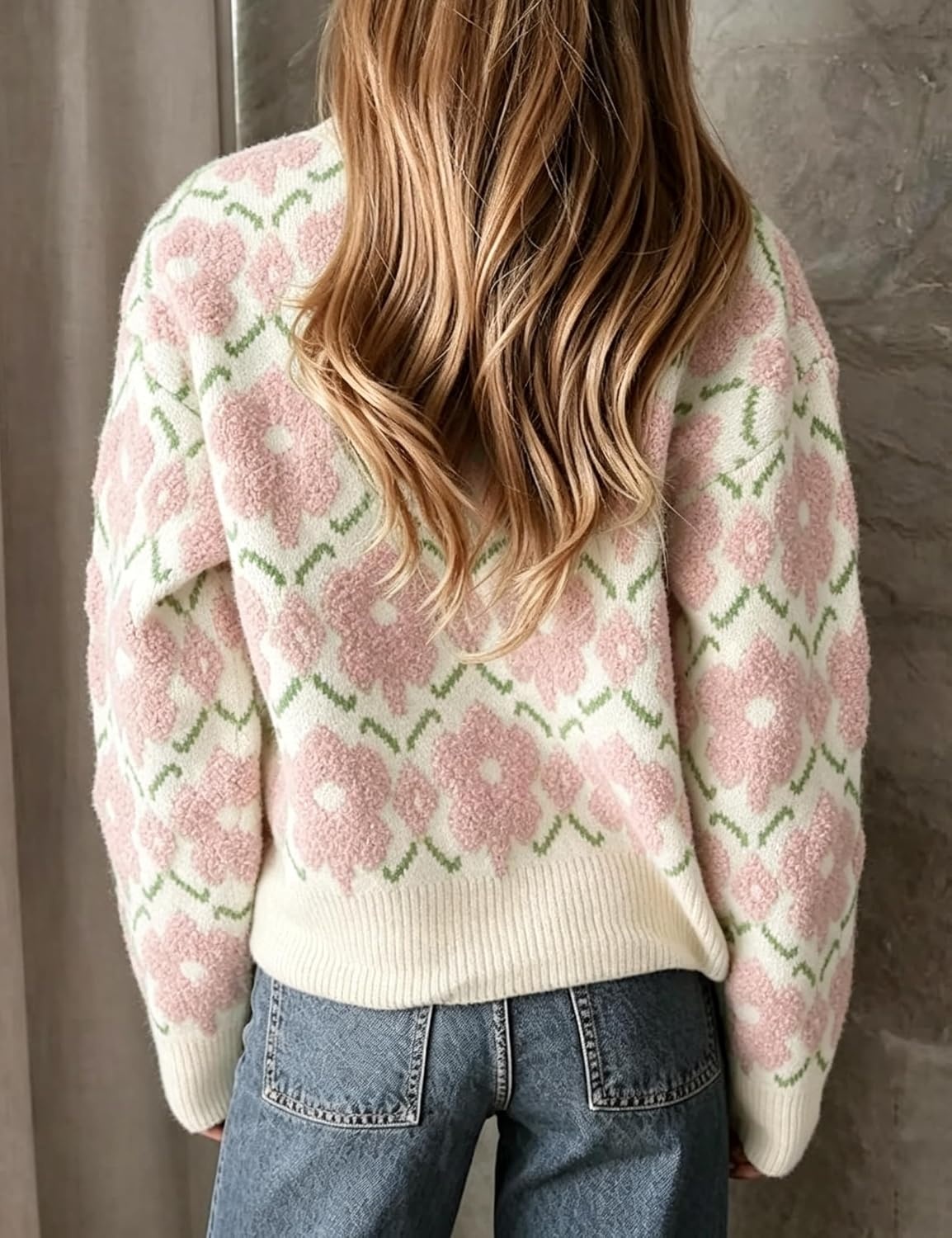 image:imageSpringrain Womens Floral Crewneck Knit Cardigan Sweater FallPink
