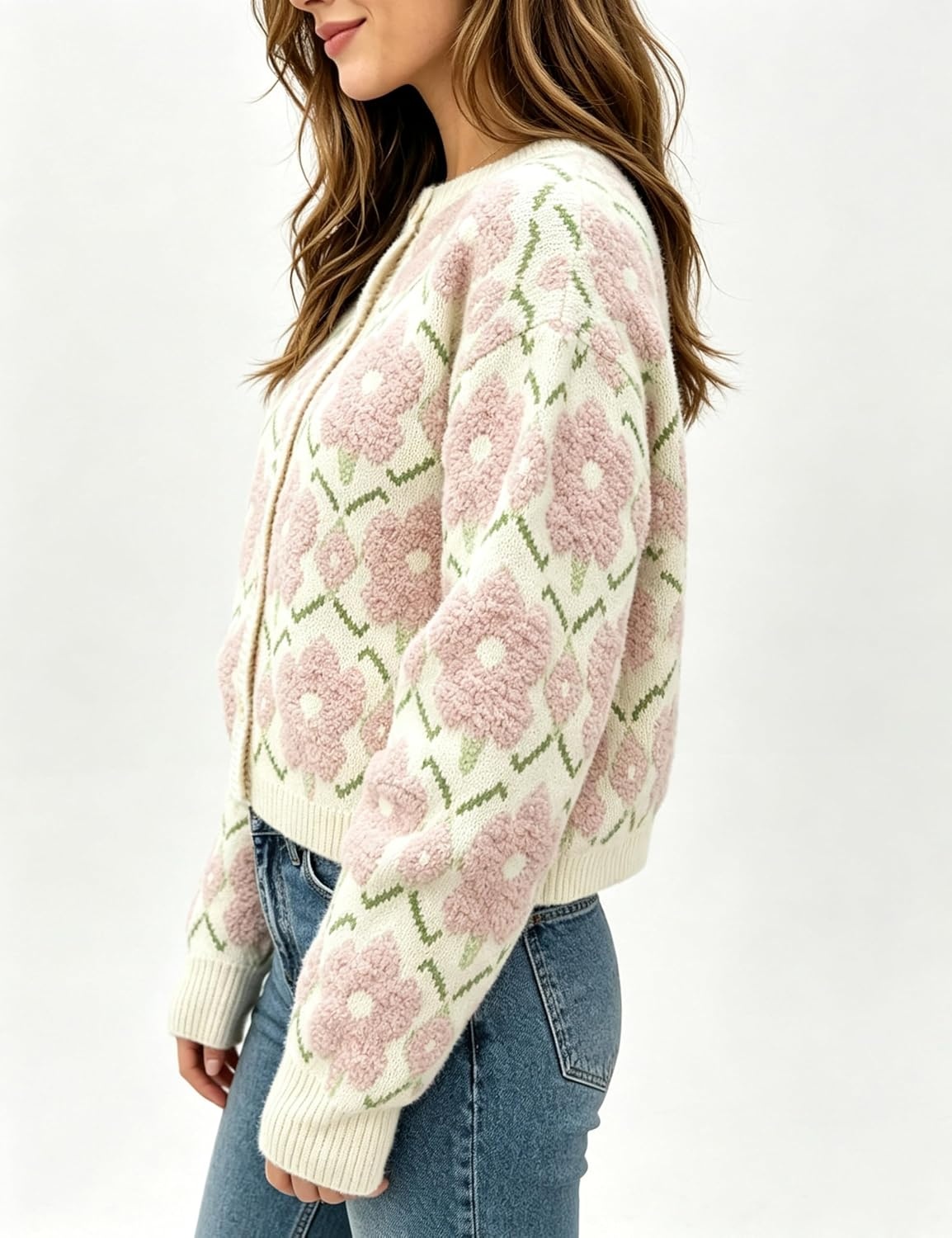 image:imageSpringrain Womens Floral Crewneck Knit Cardigan Sweater FallPink