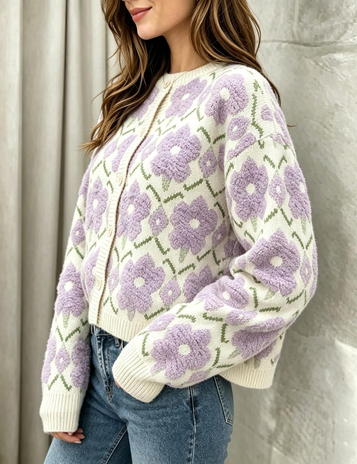 image:imageSpringrain Womens Floral Crewneck Knit Cardigan Sweater FallPurple