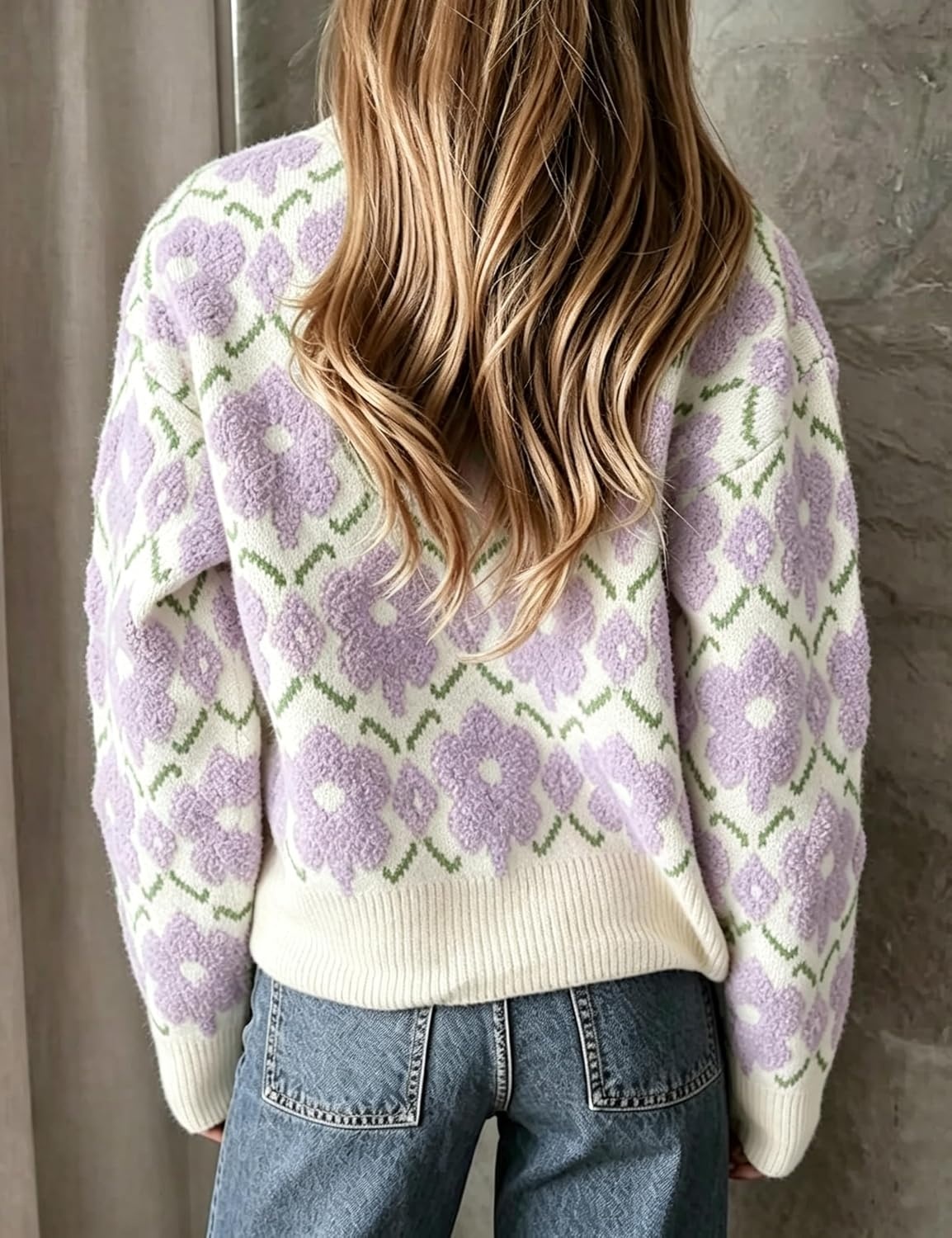 image:imageSpringrain Womens Floral Crewneck Knit Cardigan Sweater FallPurple