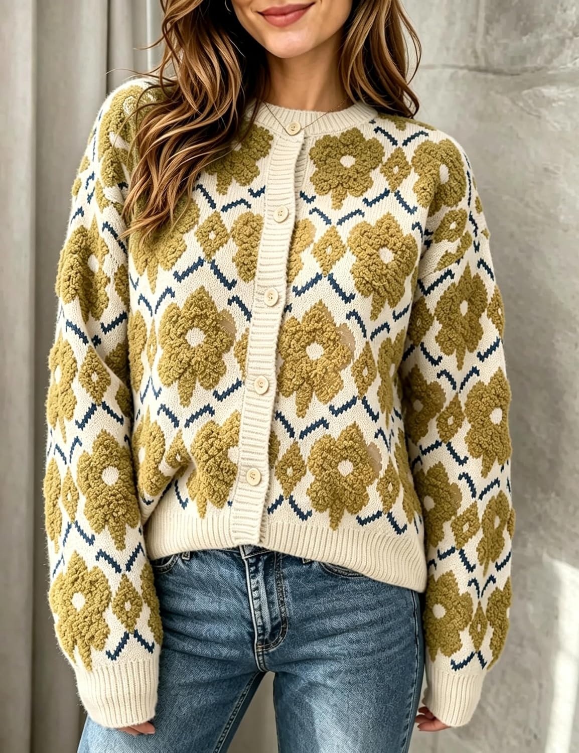 image:imageSpringrain Womens Floral Crewneck Knit Cardigan Sweater FallYellow